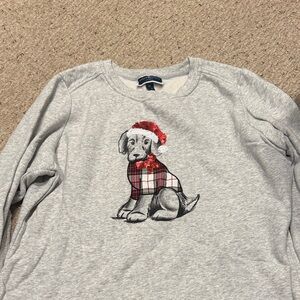 Karen Scott Gray Women's Sweater with Plaid Puppy and Red Sequin Santa Hat